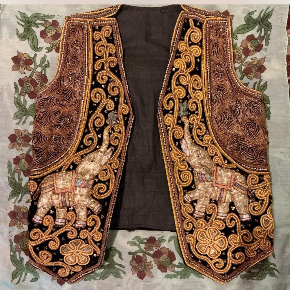 Embroidered Elephant Vest with Gold and Brown Accents